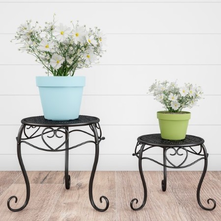 NATURE SPRING Set of 2 Plant Stands, Indoor/Outdoor Wrought Iron Metal Round Decorative Potted Display (Black) 958768LDQ